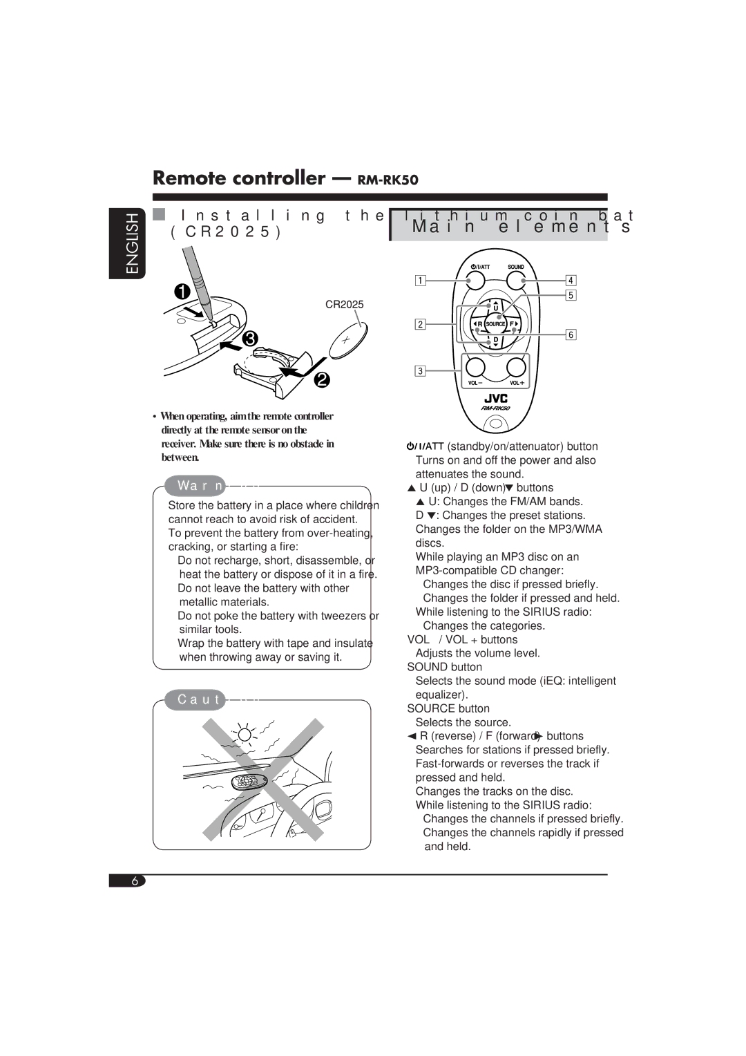 JVC KD-AR760, KD-G710 Remote controller RM-RK50, Installing the lithium coin battery, CR2025, Main elements and features 