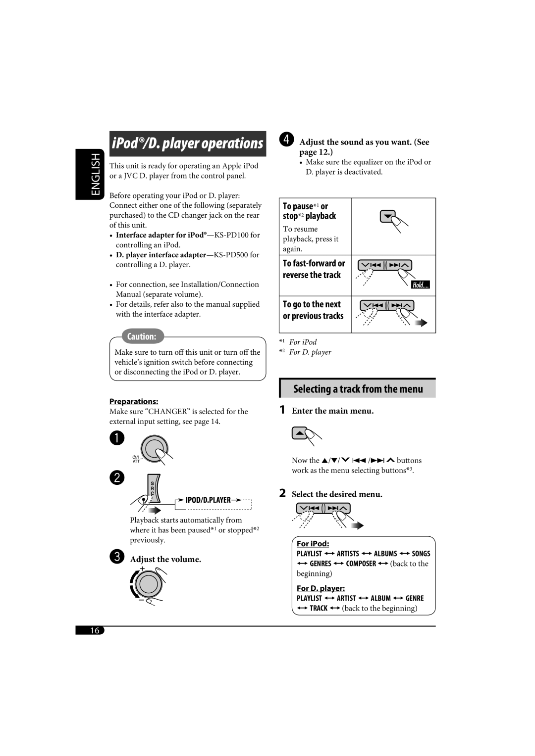 JVC KD-AR770, KD-G720 manual IPod/D. player operations 