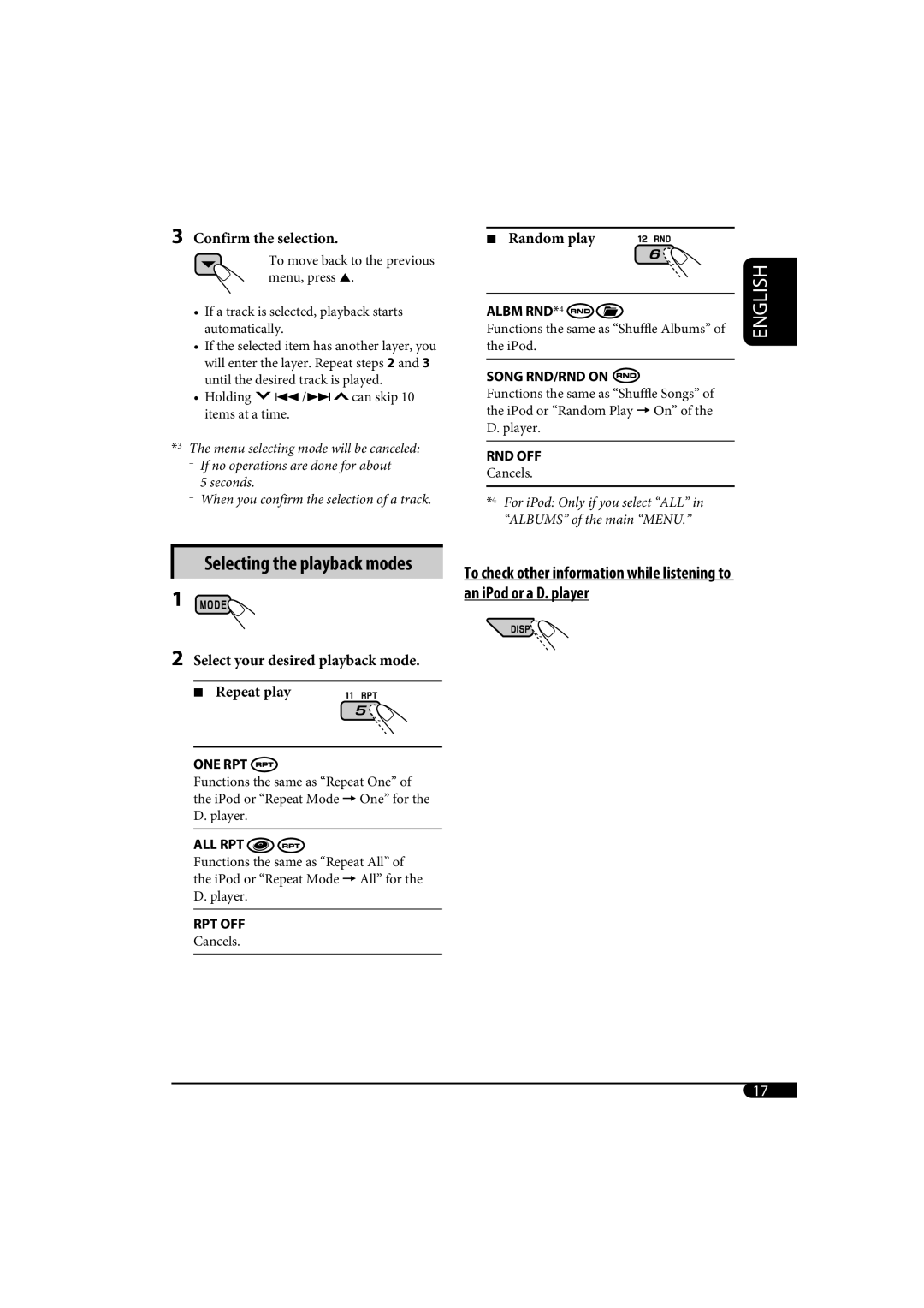 JVC KD-G720, KD-AR770 manual Selecting the playback modes 