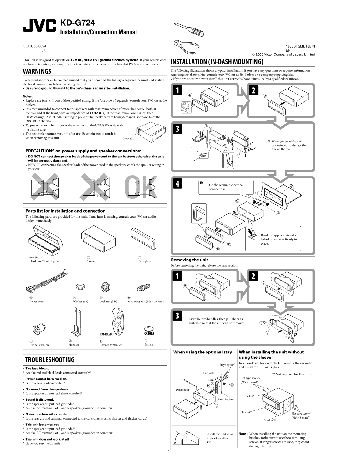 JVC KD-G720, KD-AR770 manual KD-G724, When using the optional stay 