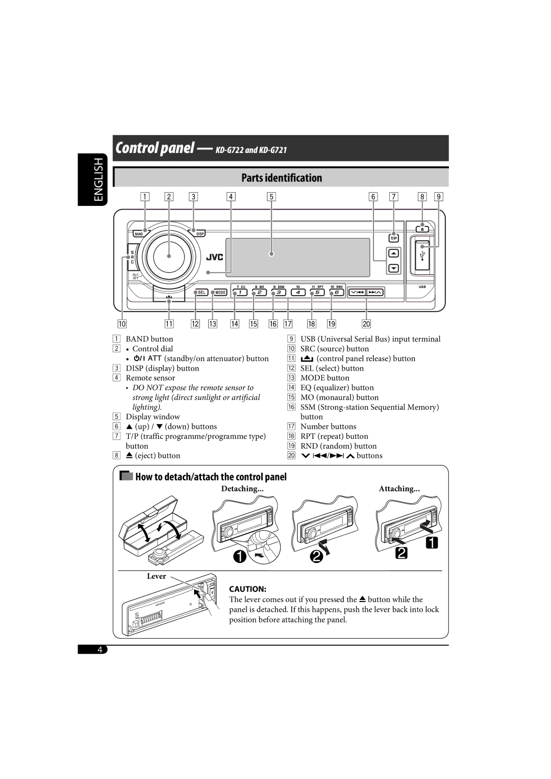 JVC KD-AR770, KD-G720 manual Control panel KD-G722 and KD-G721 