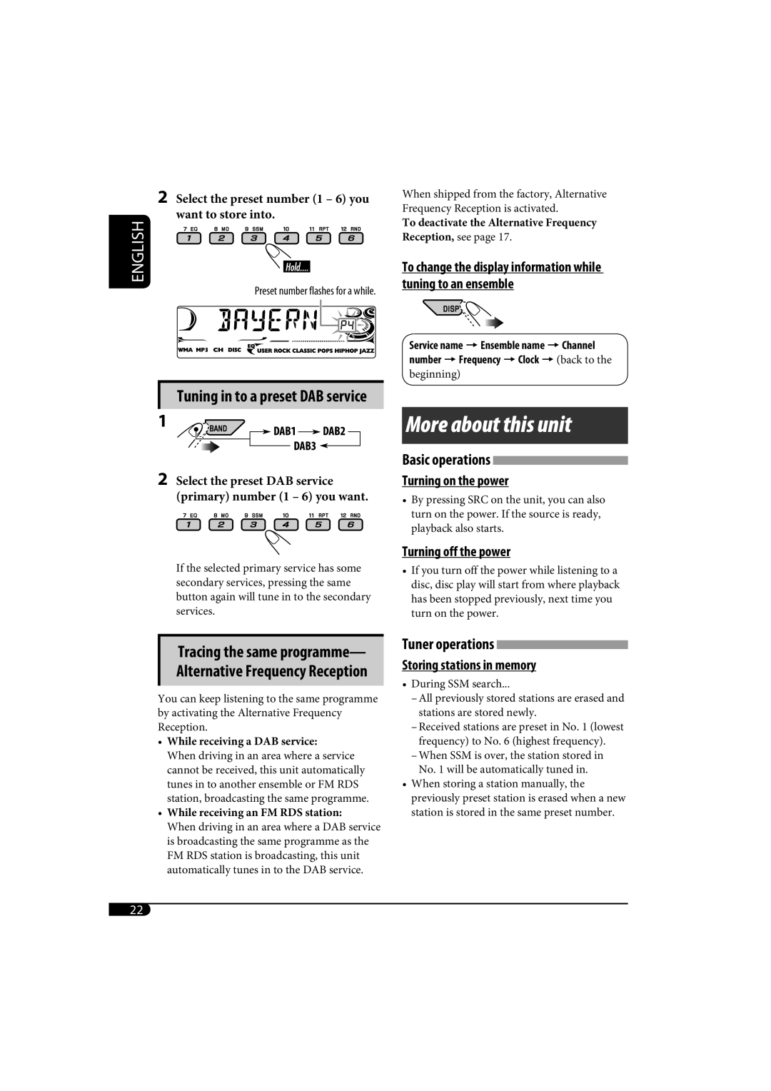 JVC KD-AR770, KD-G720 manual Tuning in to a preset DAB service, Tracing the same programme- Alternative Frequency Reception 