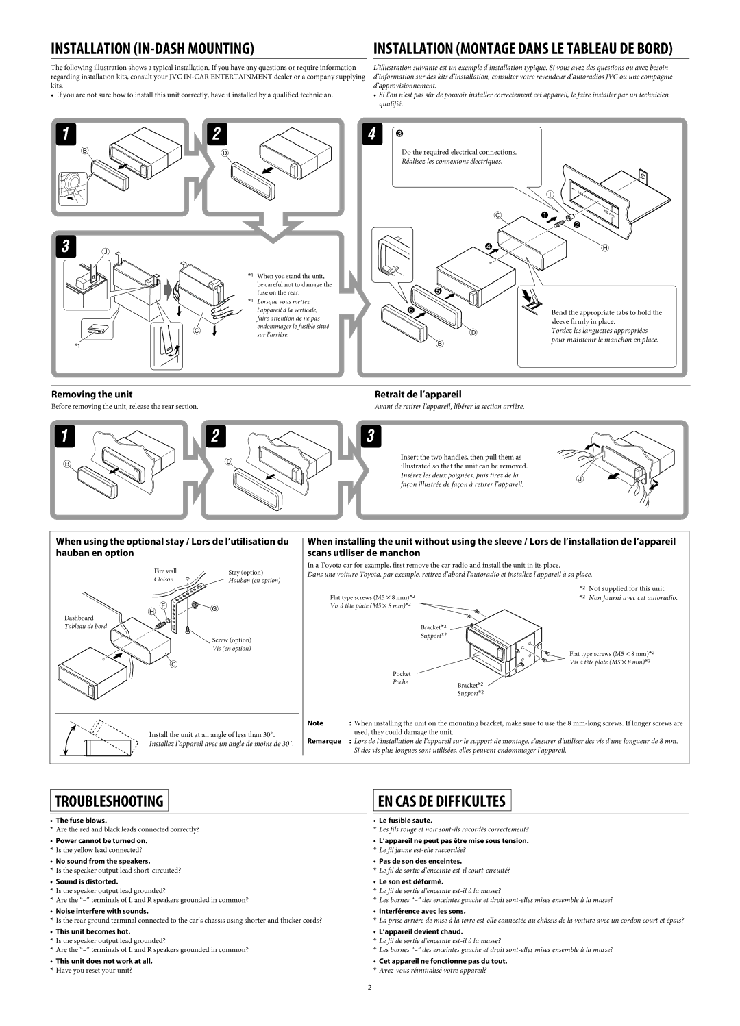 JVC KD-AR770, KD-G720 manual Installation Montage Dans LE Tableau DE Bord, Remarque 