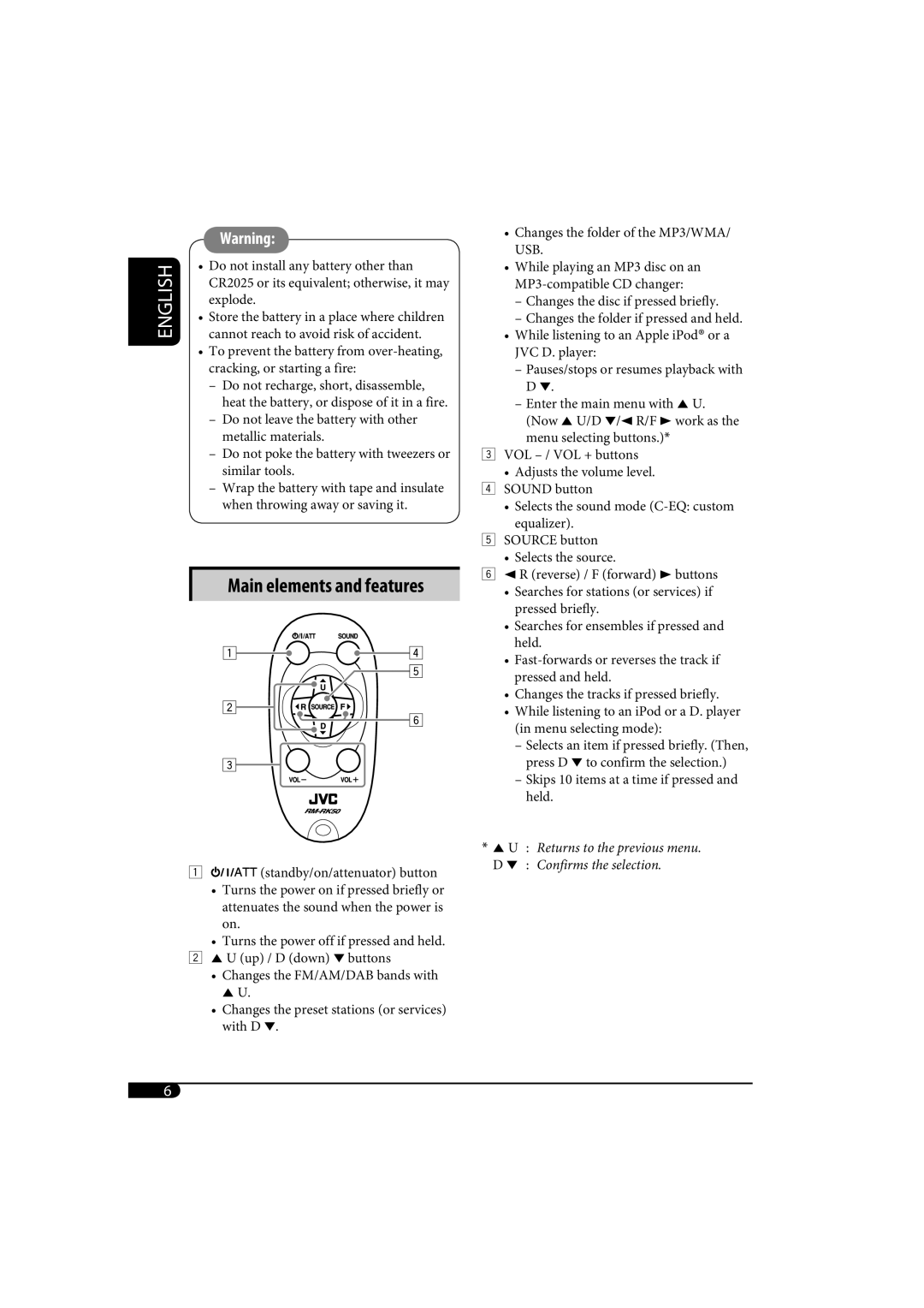 JVC KD-AR770, KD-G720 manual Main elements and features 