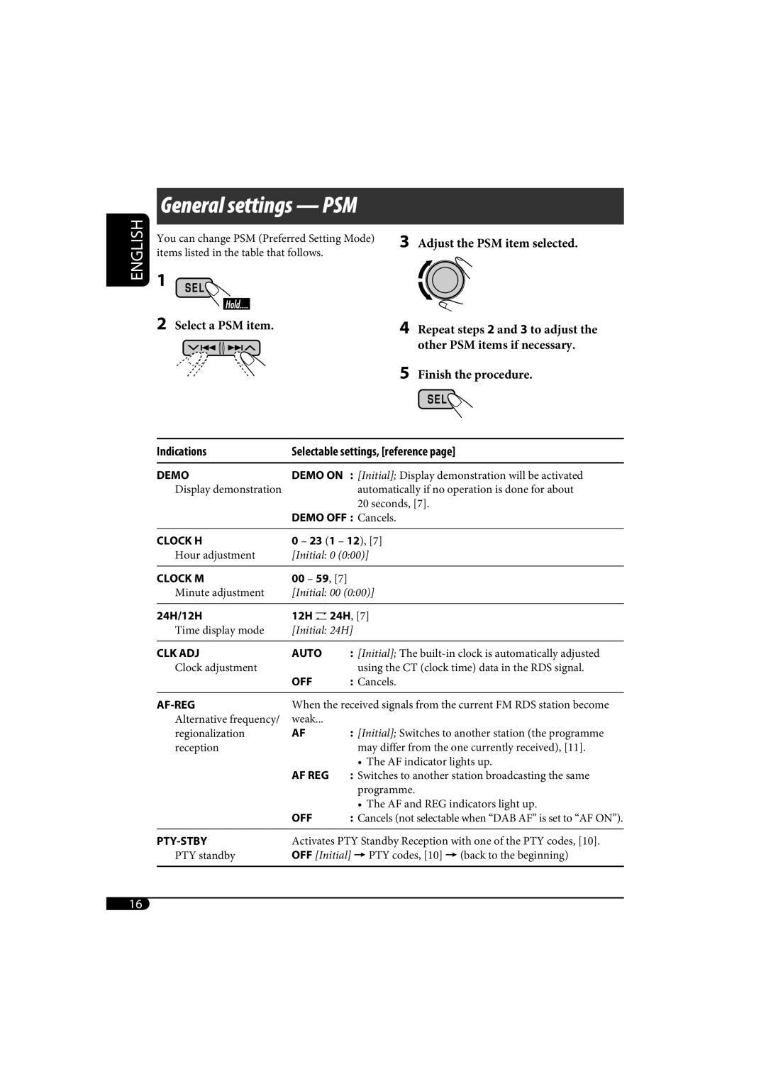 JVC KD-AR770, KD-G720 manual General settings PSM 