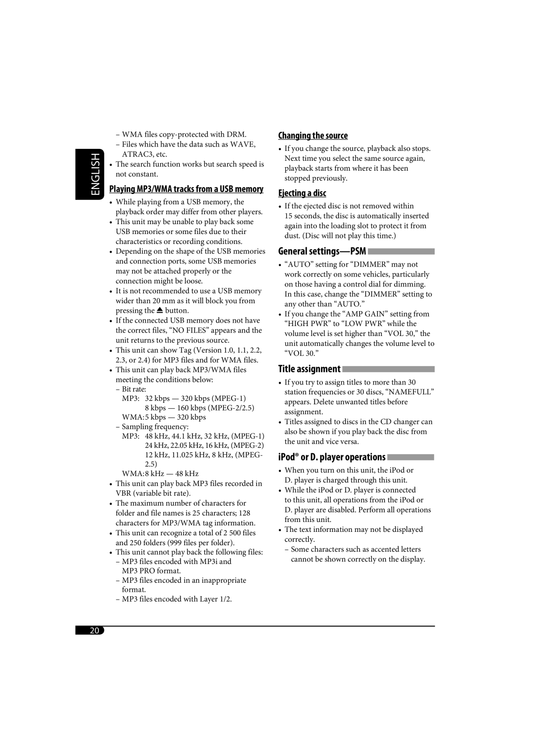 JVC KD-G720 Title assignment, Changing the source, Ejecting a disc, General settings-PSM, IPod or D. player operations 