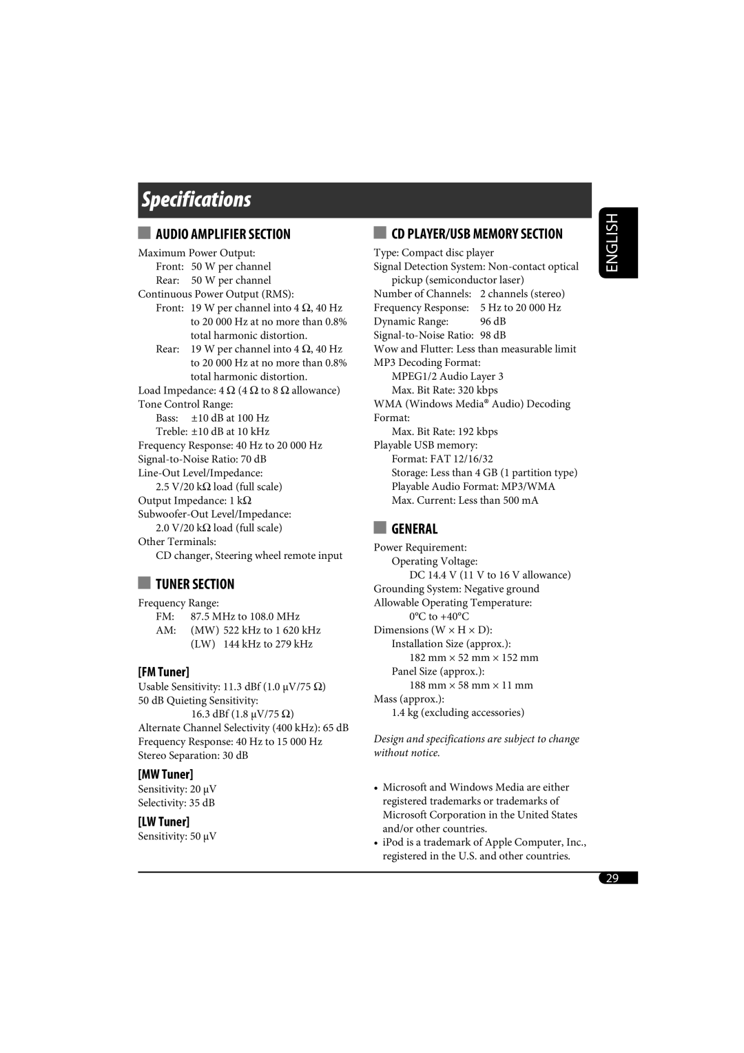 JVC KD-G720, KD-AR770 manual Specifications 