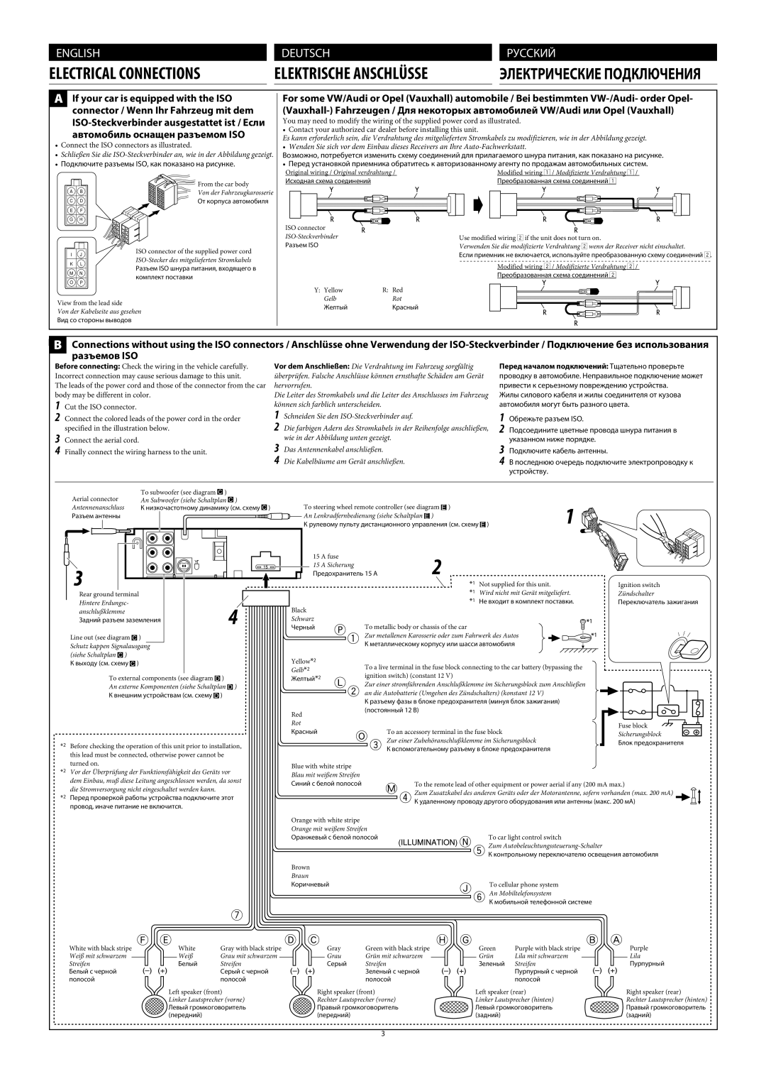 JVC KD-G720, KD-AR770 manual Elektrische Anschlüsse, Автомобиль оснащен разъемом ISO 