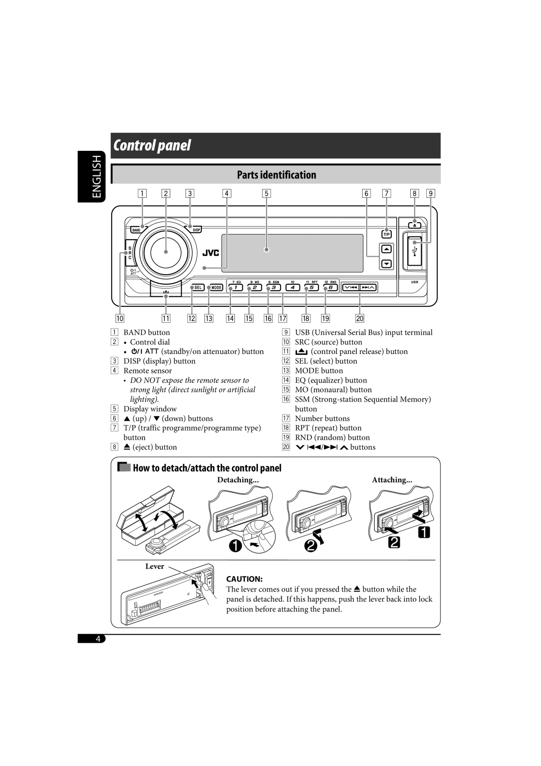 JVC KD-AR770, KD-G720 manual Detaching Attaching Lever 