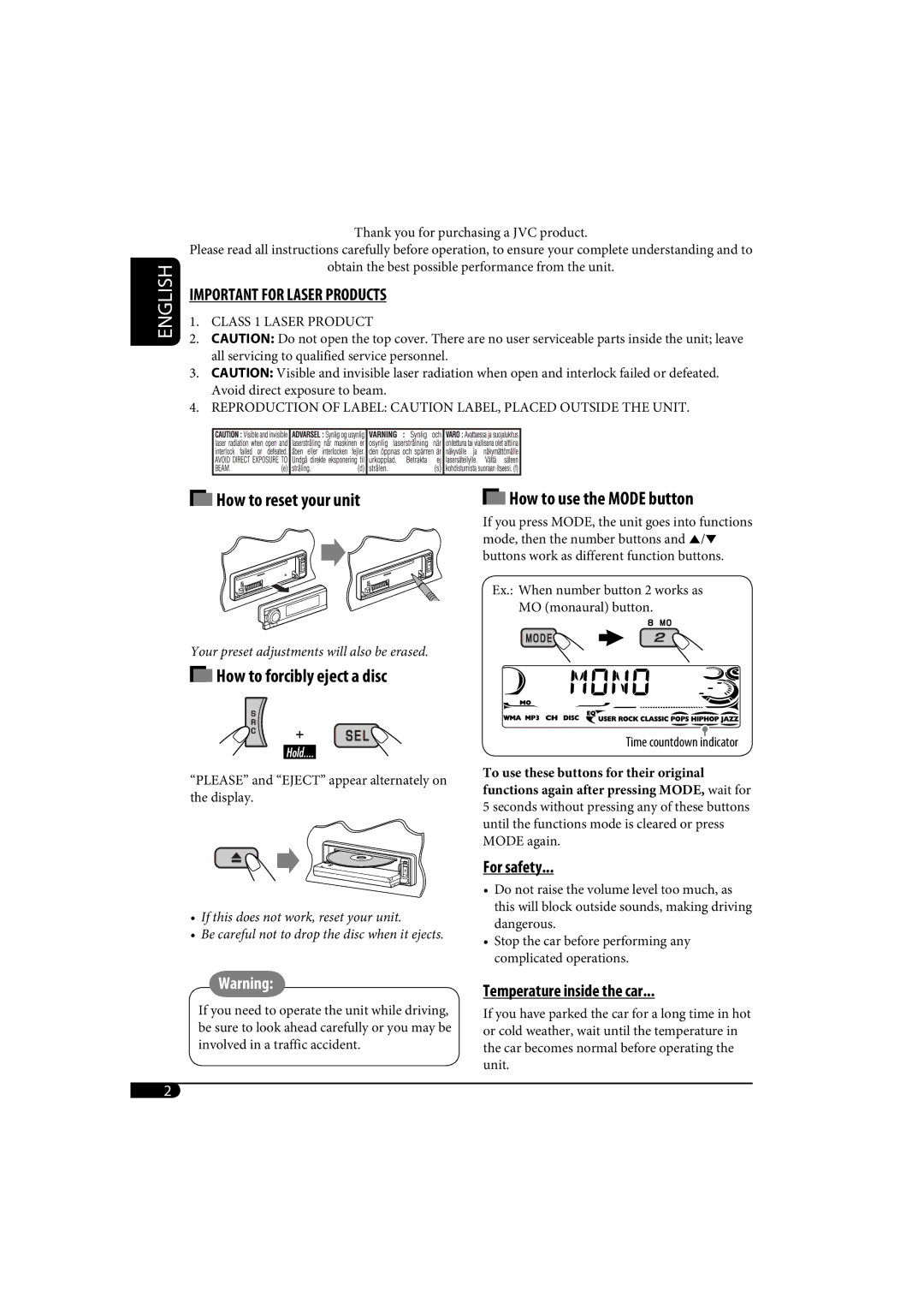 JVC KD-G720, KD-AR770 manual How to reset your unit, How to forcibly eject a disc, How to use the Mode button, For safety 