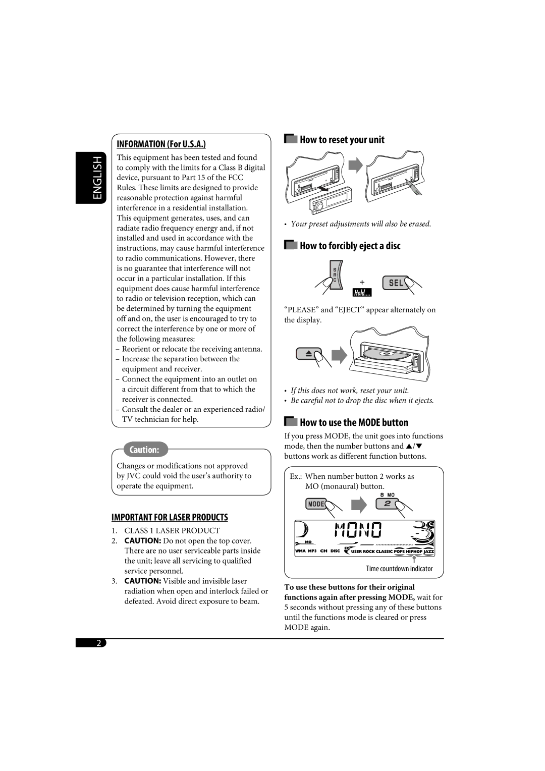 JVC KD-AR770, KD-G720 manual Information For U.S.A, Important for Laser Products 