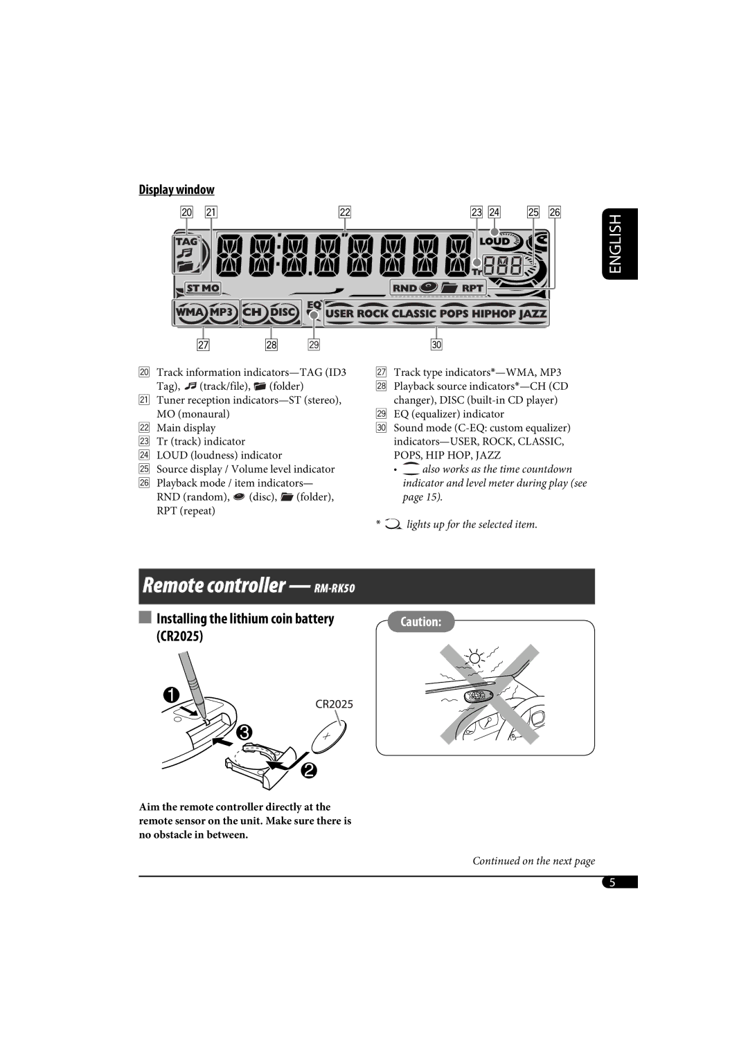 JVC KD-G720, KD-AR770 manual Remote controller RM-RK50, Display window 