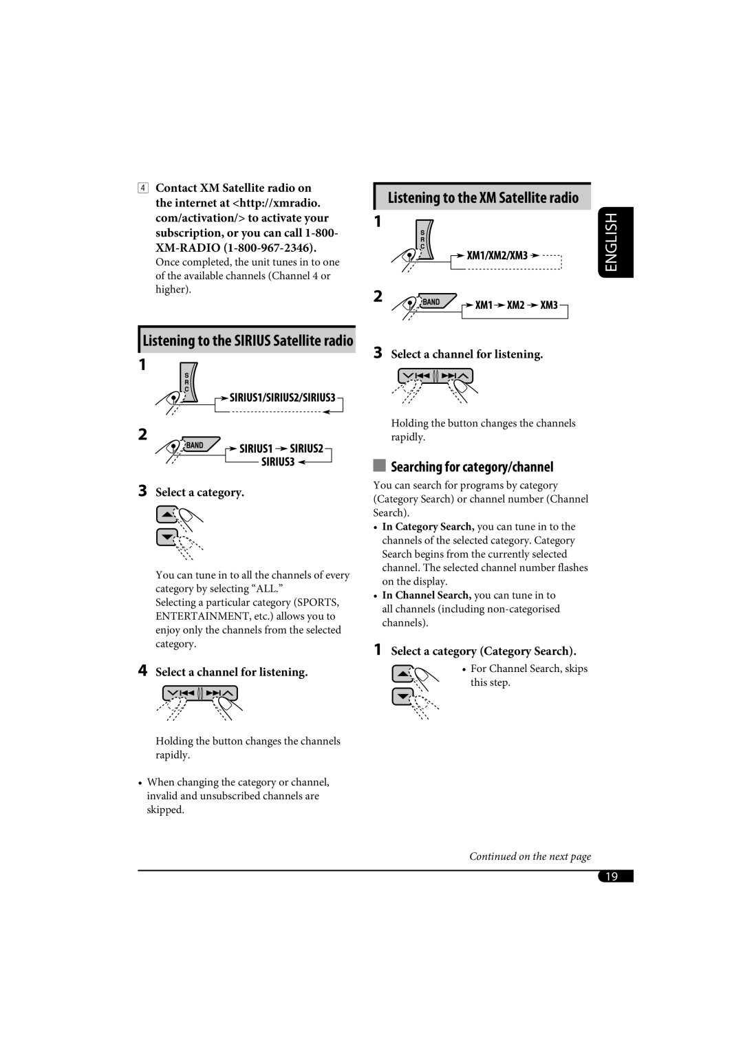 JVC KD-G720 Listening to the XM Satellite radio, Searching for category/channel, Listening to the Sirius Satellite radio 