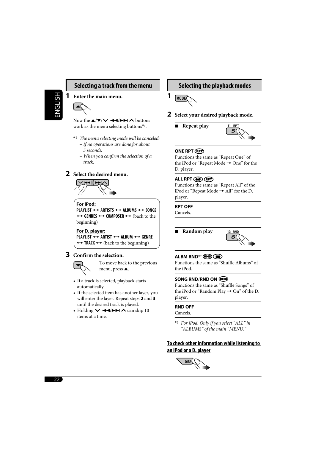 JVC KD-AR770, KD-G720 manual Selecting the playback modes, Selecting a track from the menu 