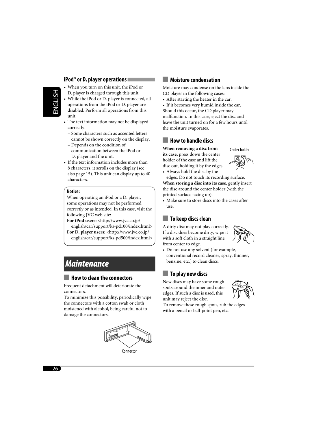 JVC KD-AR770, KD-G720 manual How to clean the connectors, IPod or D. player operations 