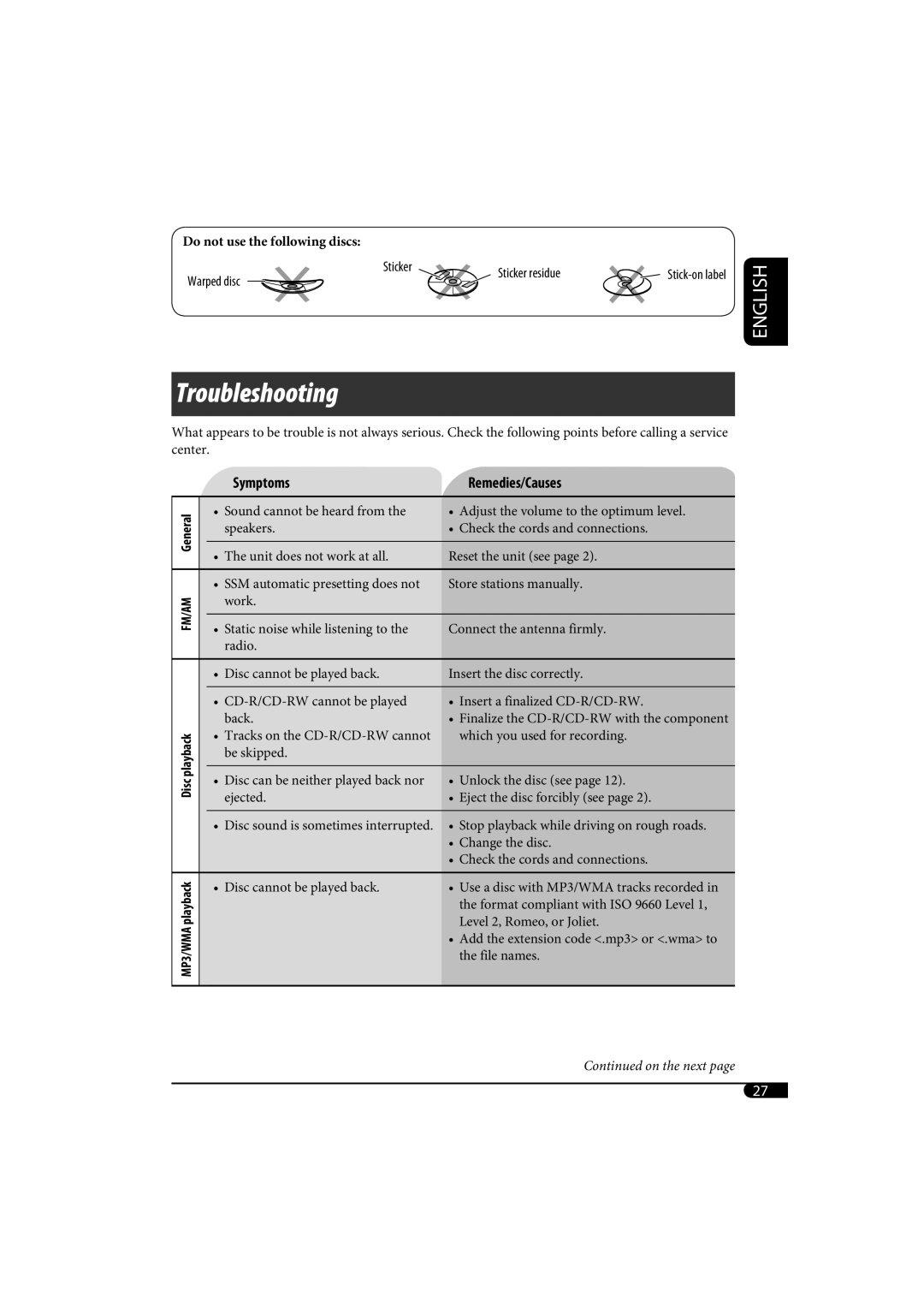 JVC KD-G720, KD-AR770 manual Symptoms Remedies/Causes, FM/AM General Disc playback MP3/WMA playback 
