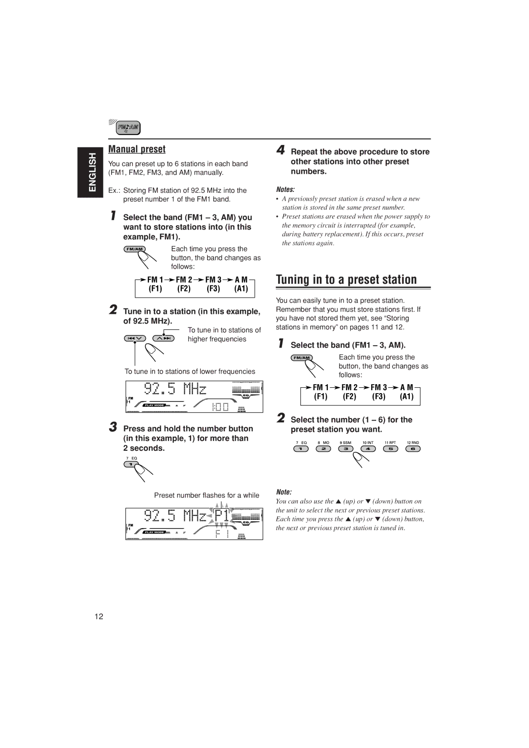 JVC KD-AR800, KD-G700, KD-G800 manual Tuning in to a preset station, Manual preset 