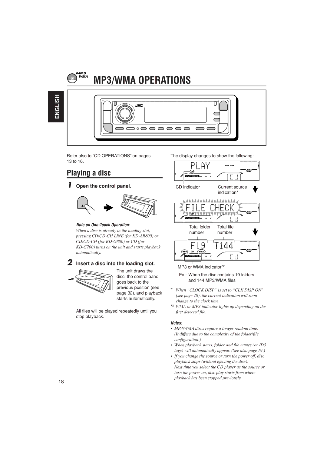 JVC KD-AR800, KD-G700, KD-G800 manual MP3/WMA Operations, Playing a disc, Insert a disc into the loading slot 