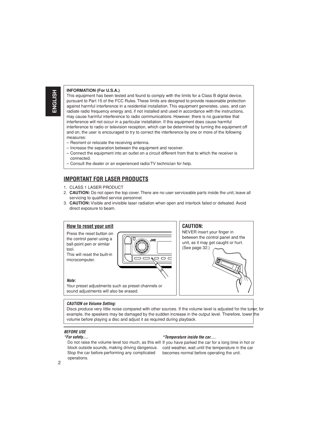 JVC KD-G800, KD-AR800, KD-G700 manual How to reset your unit, Information For U.S.A 