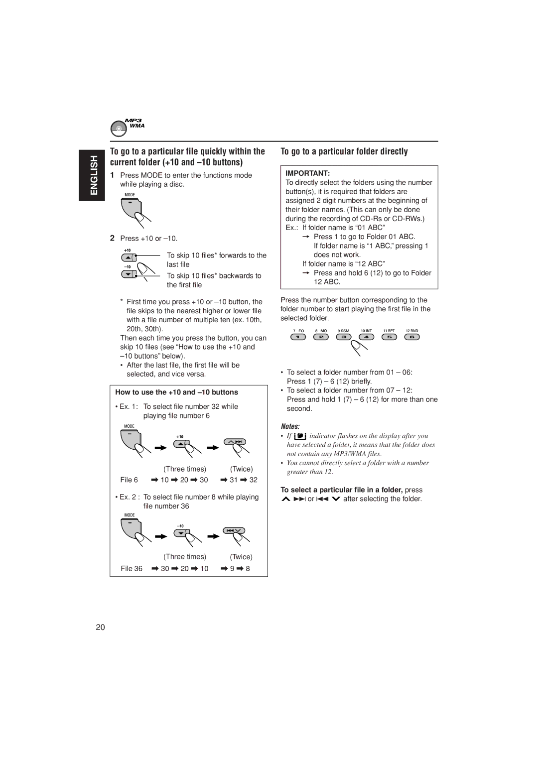 JVC KD-G800, KD-AR800, KD-G700 manual Current folder +10 and -10 buttons, To go to a particular folder directly 