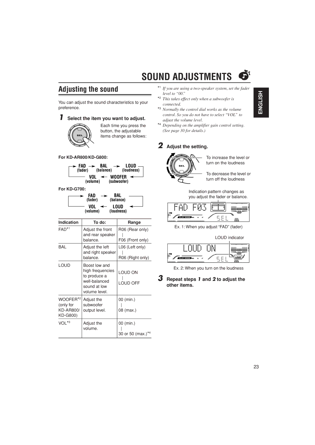 JVC KD-G800, KD-AR800, KD-G700 manual Sound Adjustments, Adjusting the sound 