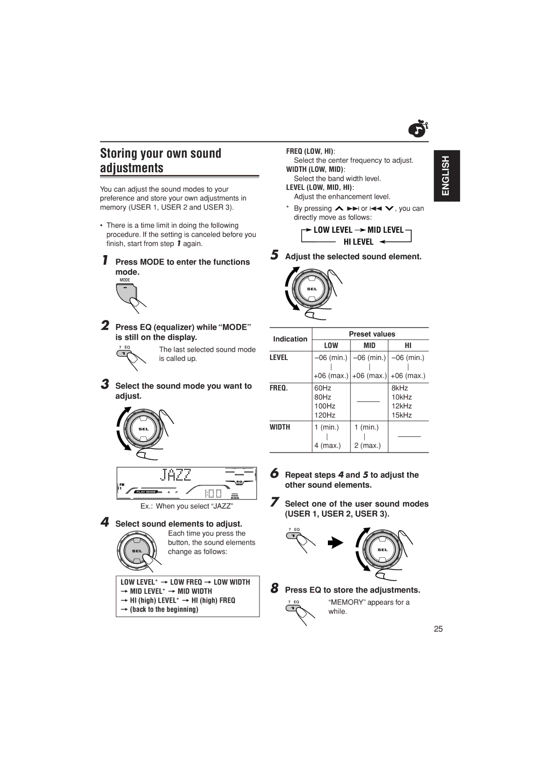 JVC KD-G700, KD-AR800, KD-G800 manual Storing your own sound adjustments 