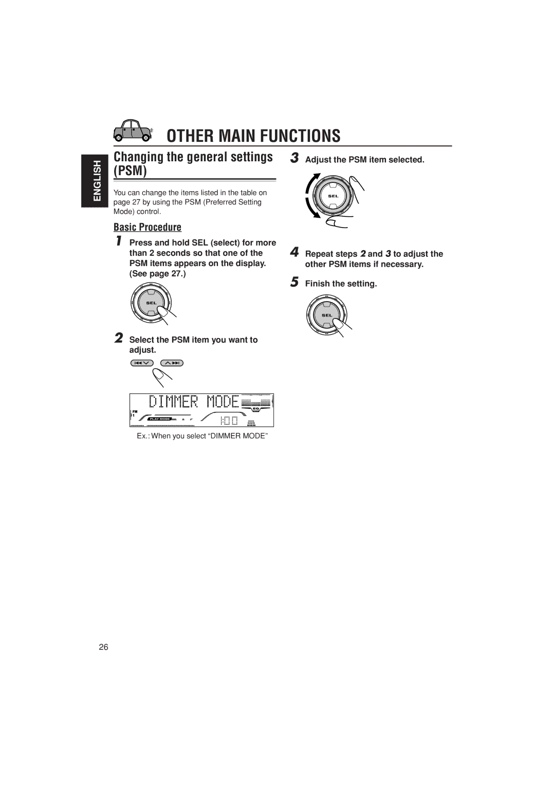 JVC KD-G800, KD-AR800, KD-G700 manual Other Main Functions, Changing the general settings PSM 