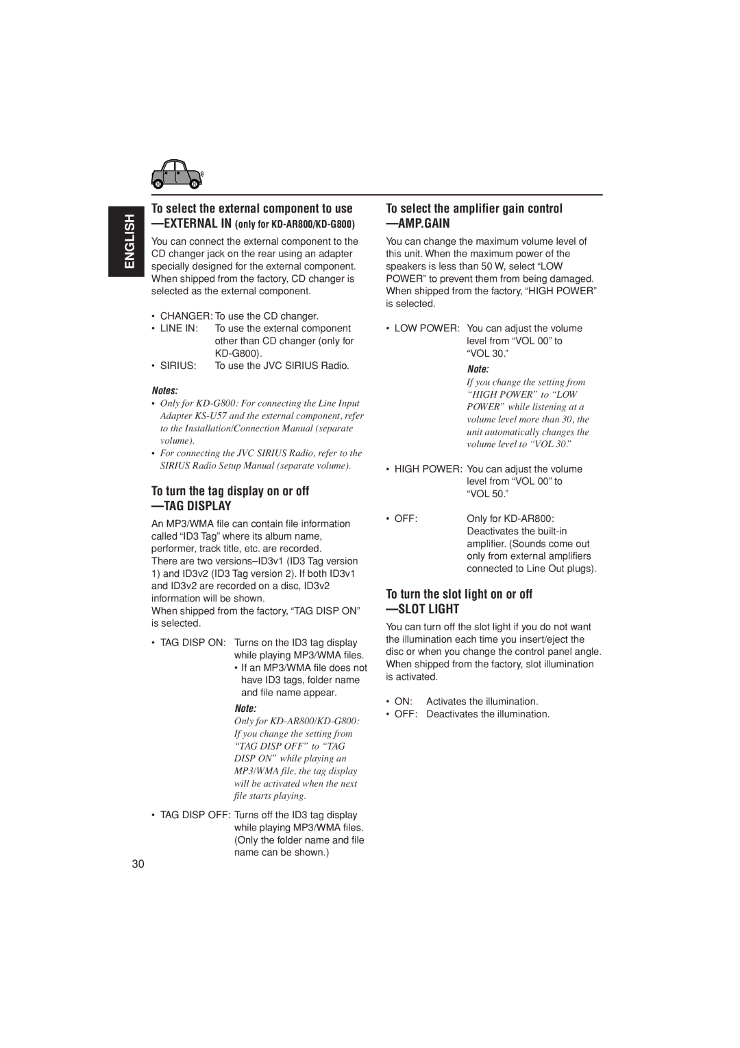 JVC KD-AR800, KD-G700, KD-G800 manual To turn the tag display on or off, To select the amplifier gain control -AMP.GAIN 