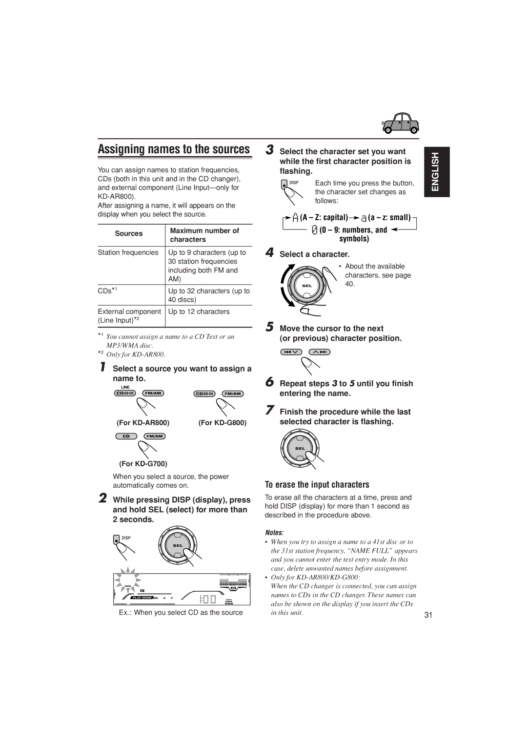 JVC KD-G700, KD-AR800, KD-G800 manual To erase the input characters 