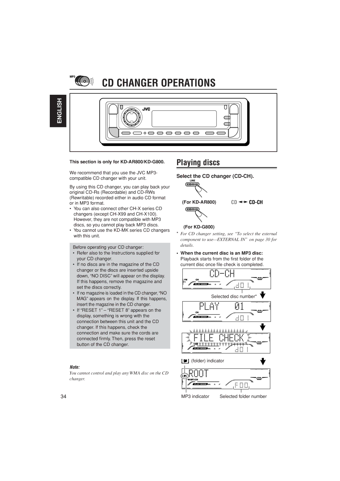 JVC KD-G700 CD Changer Operations, Playing discs, Select the CD changer CD-CH, This section is only for KD-AR800/KD-G800 