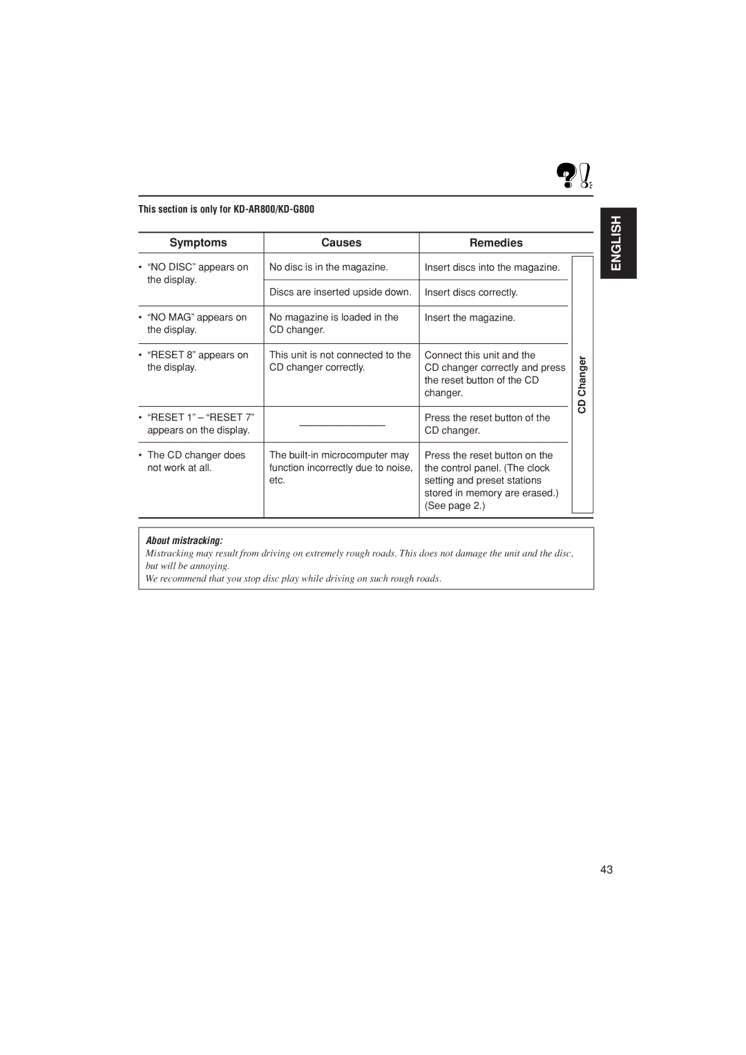 JVC KD-G700, KD-AR800, KD-G800 manual About mistracking 