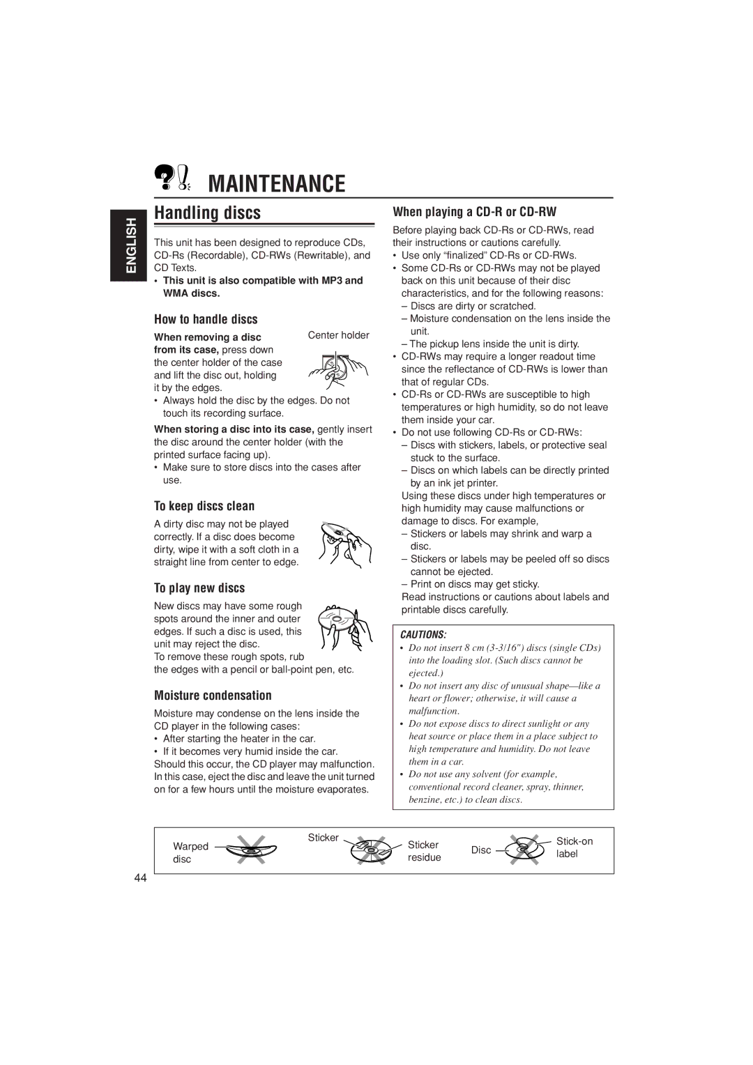 JVC KD-G800, KD-AR800, KD-G700 manual Maintenance, Handling discs 