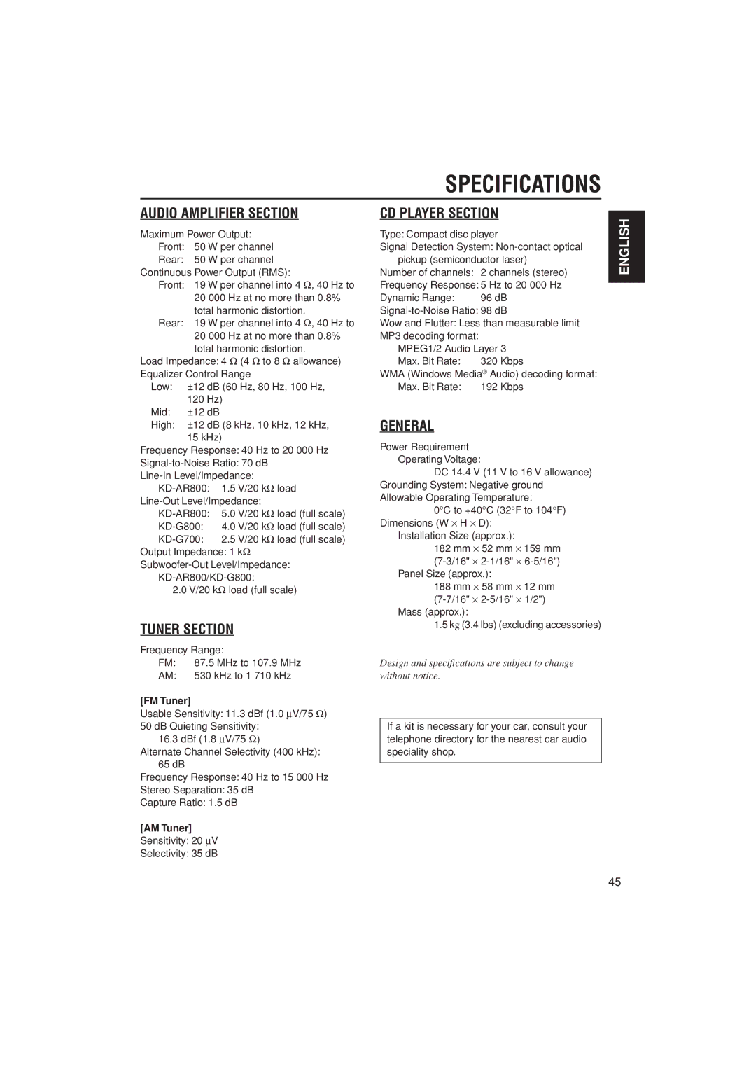 JVC KD-AR800, KD-G700, KD-G800 manual Specifications, FM Tuner, AM Tuner 