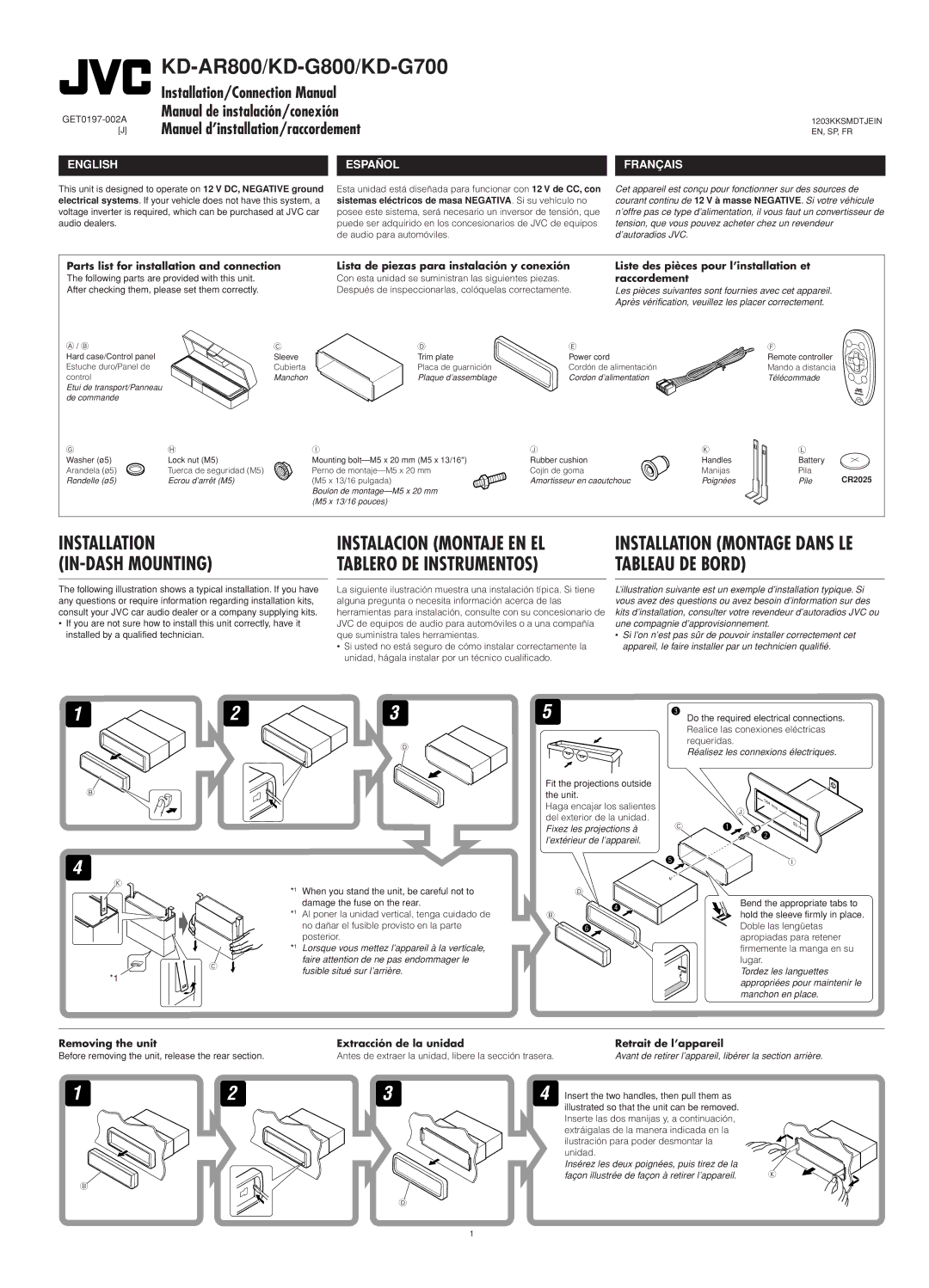 JVC KD-G700, KD-AR800, KD-G800 manual GET0197-002A, CR2025 
