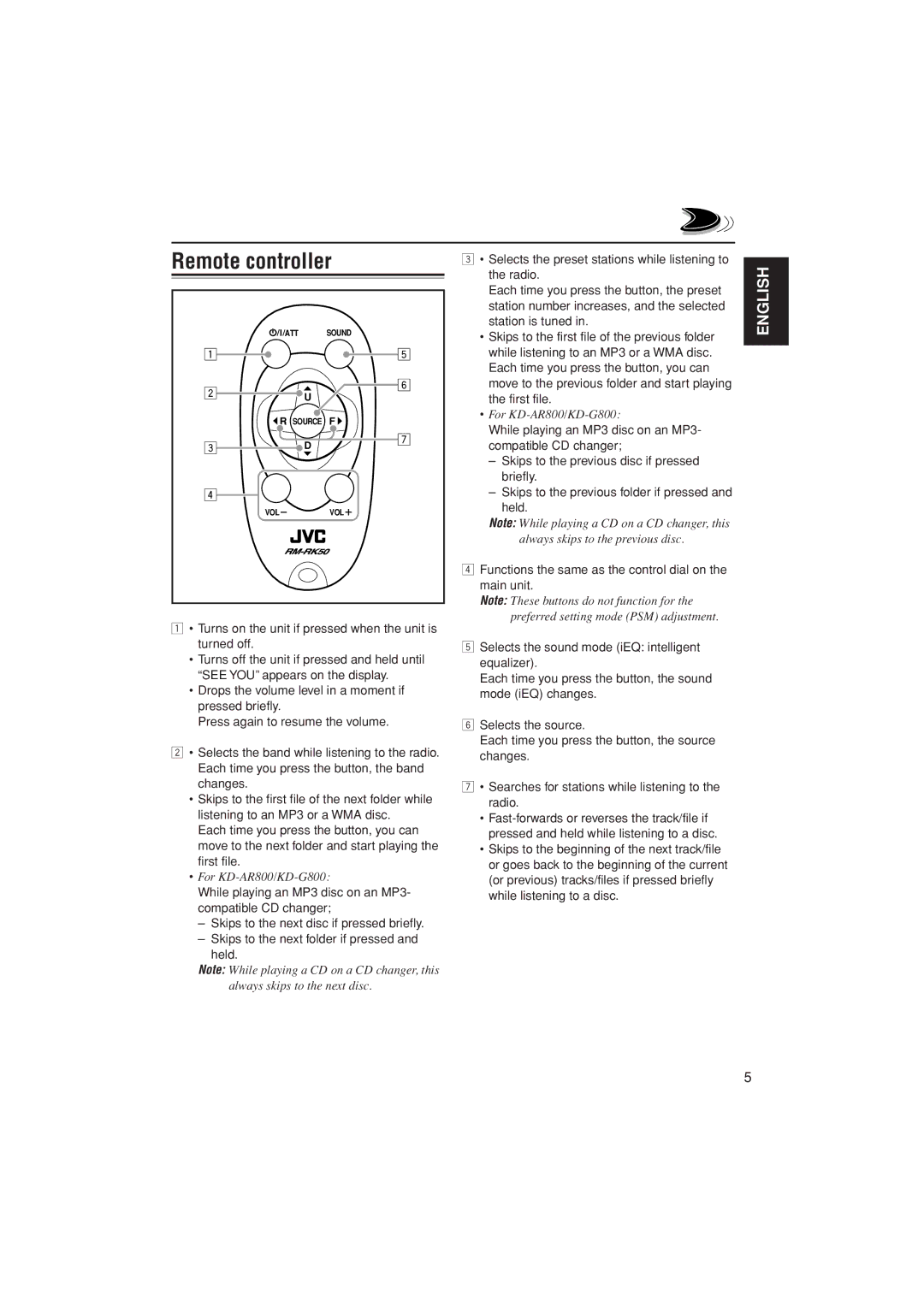 JVC KD-G800, KD-AR800, KD-G700 manual Remote controller 