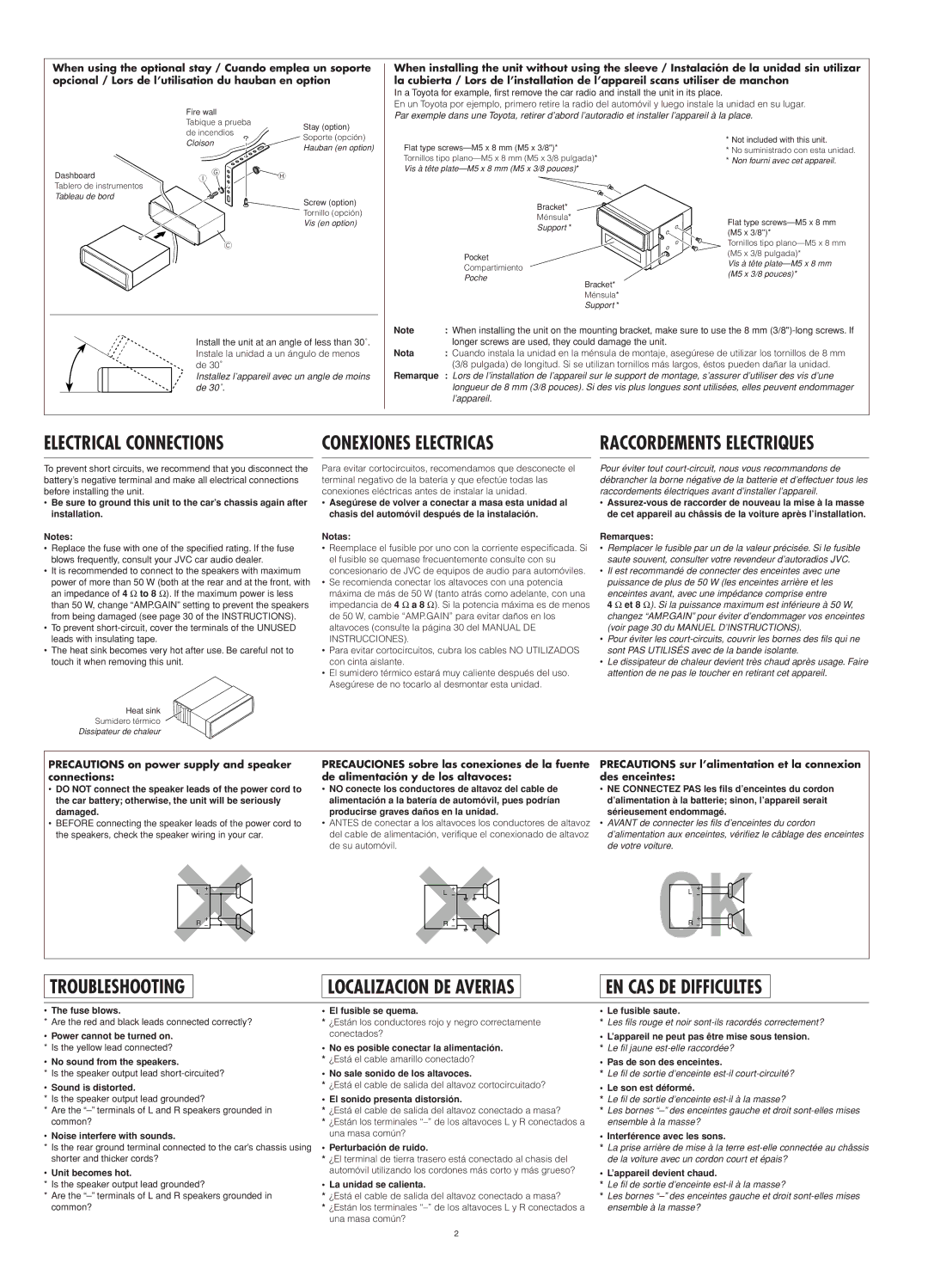 JVC KD-G800, KD-AR800 manual Nota, Remarque, Fuse blows, Sound is distorted, Noise interfere with sounds, Unit becomes hot 