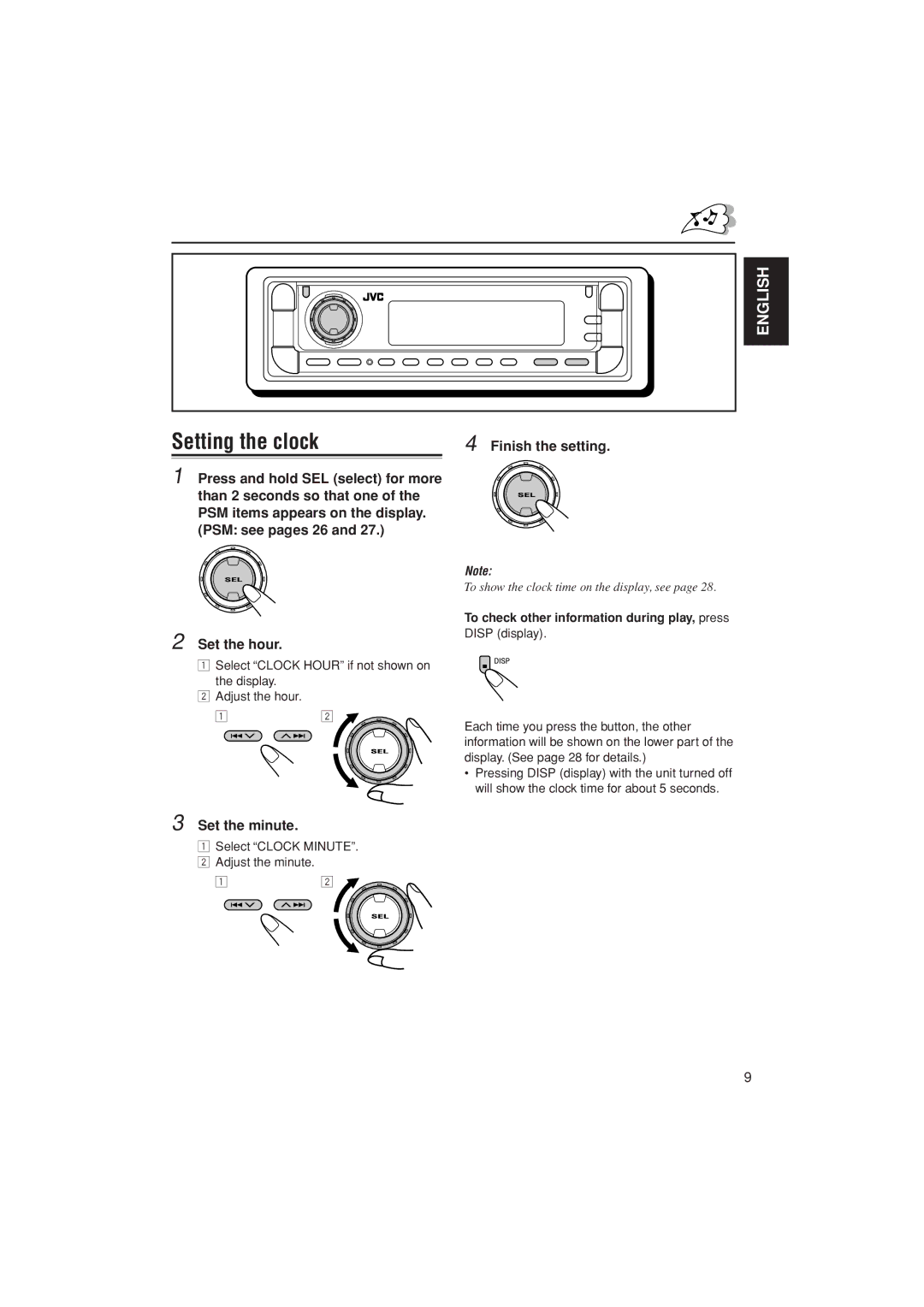 JVC KD-AR800, KD-G700 manual Setting the clock, Set the minute, To check other information during play, press Disp display 