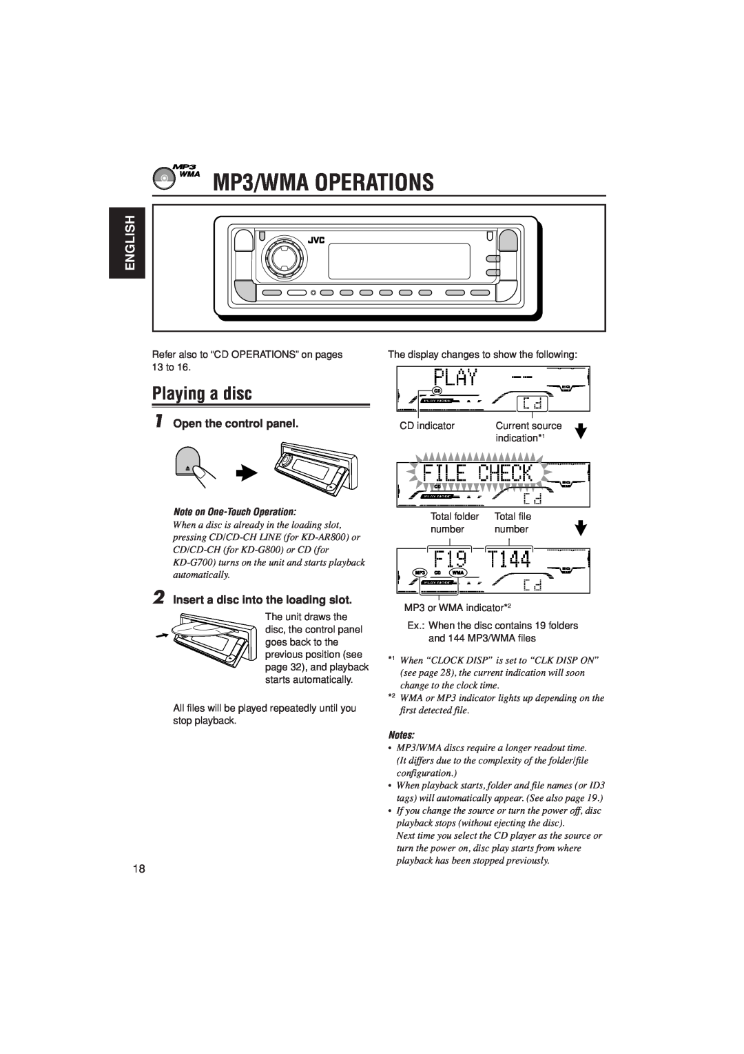 JVC KD-AR800 MP3/WMA OPERATIONS, Playing a disc, 2Insert a disc into the loading slot, English, 1Open the control panel 