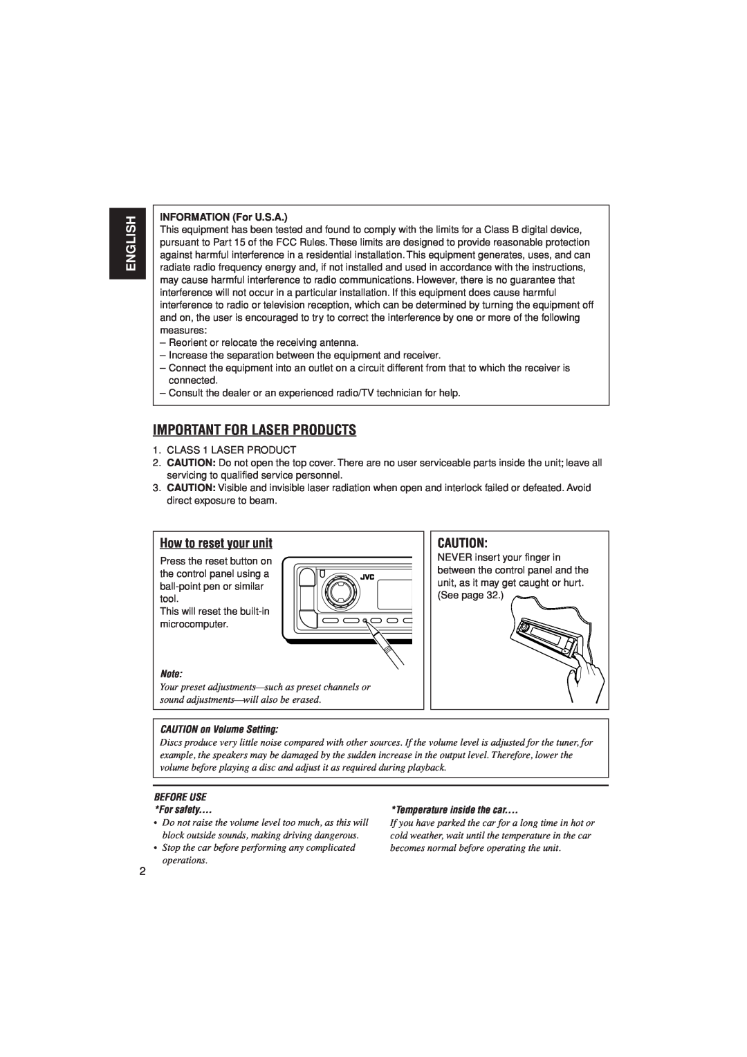 JVC KD-G800 Important For Laser Products, English, How to reset your unit, INFORMATION For U.S.A, BEFORE USE For safety 