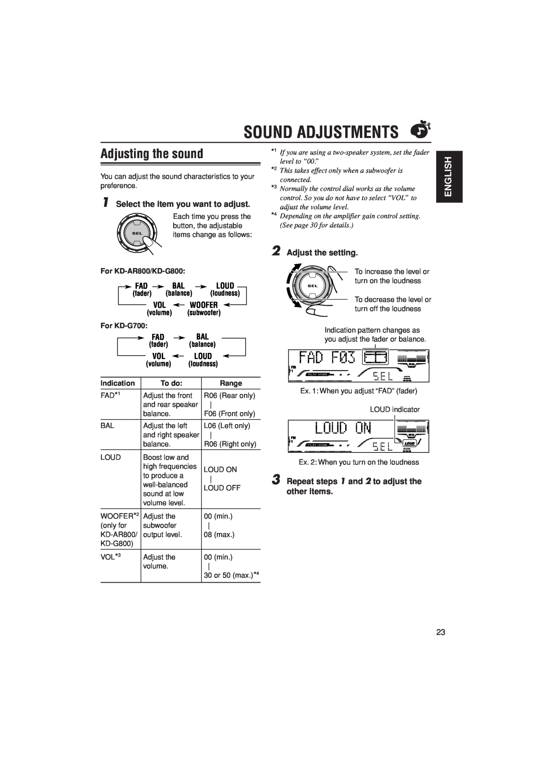 JVC KD-G800 Sound Adjustments, Adjusting the sound, 1Select the item you want to adjust, 2Adjust the setting, Fad Bal Loud 