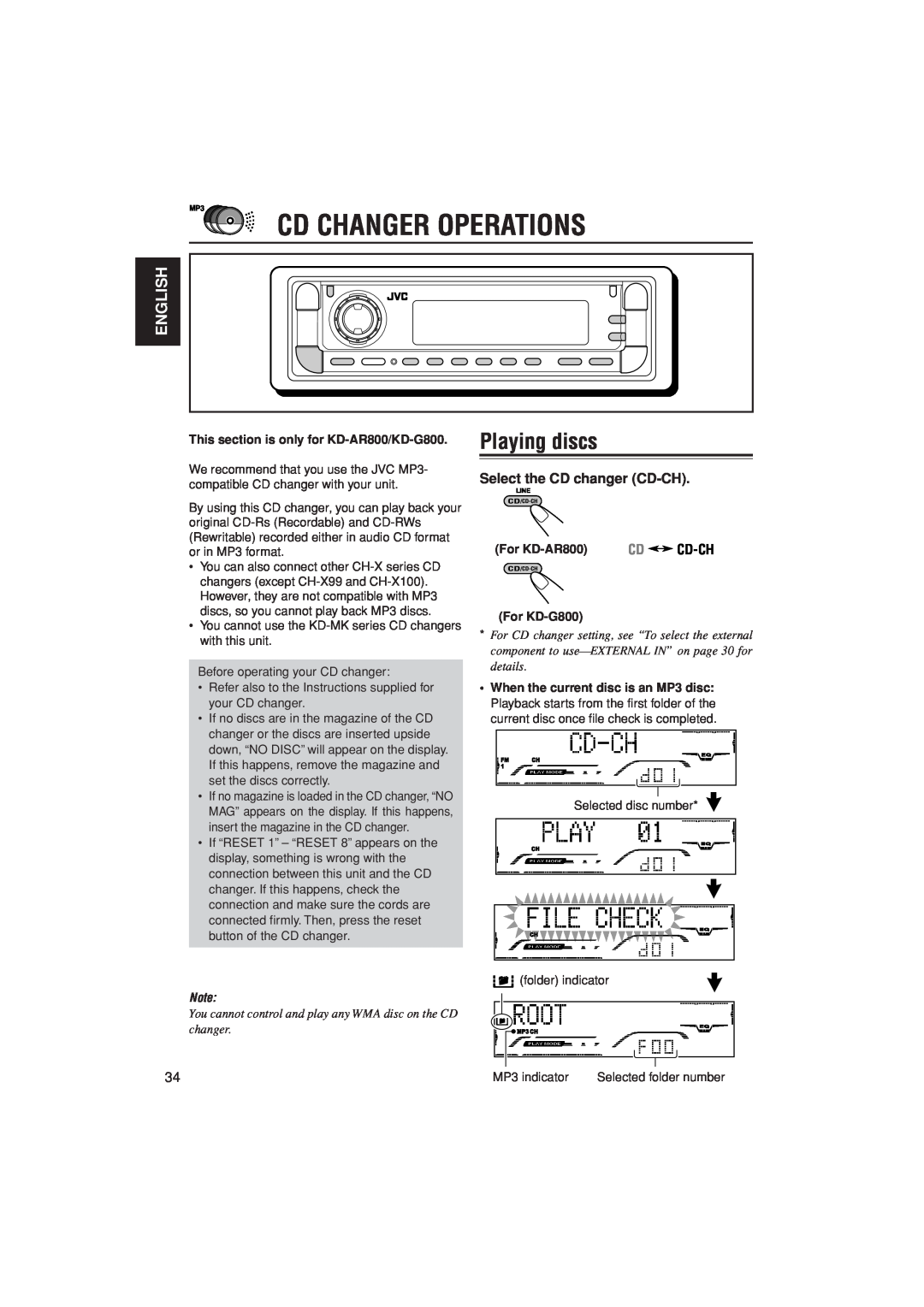 JVC KD-G700 manual Cd Changer Operations, Playing discs, Select the CD changer CD-CH, English, For KD-AR800, For KD-G800 