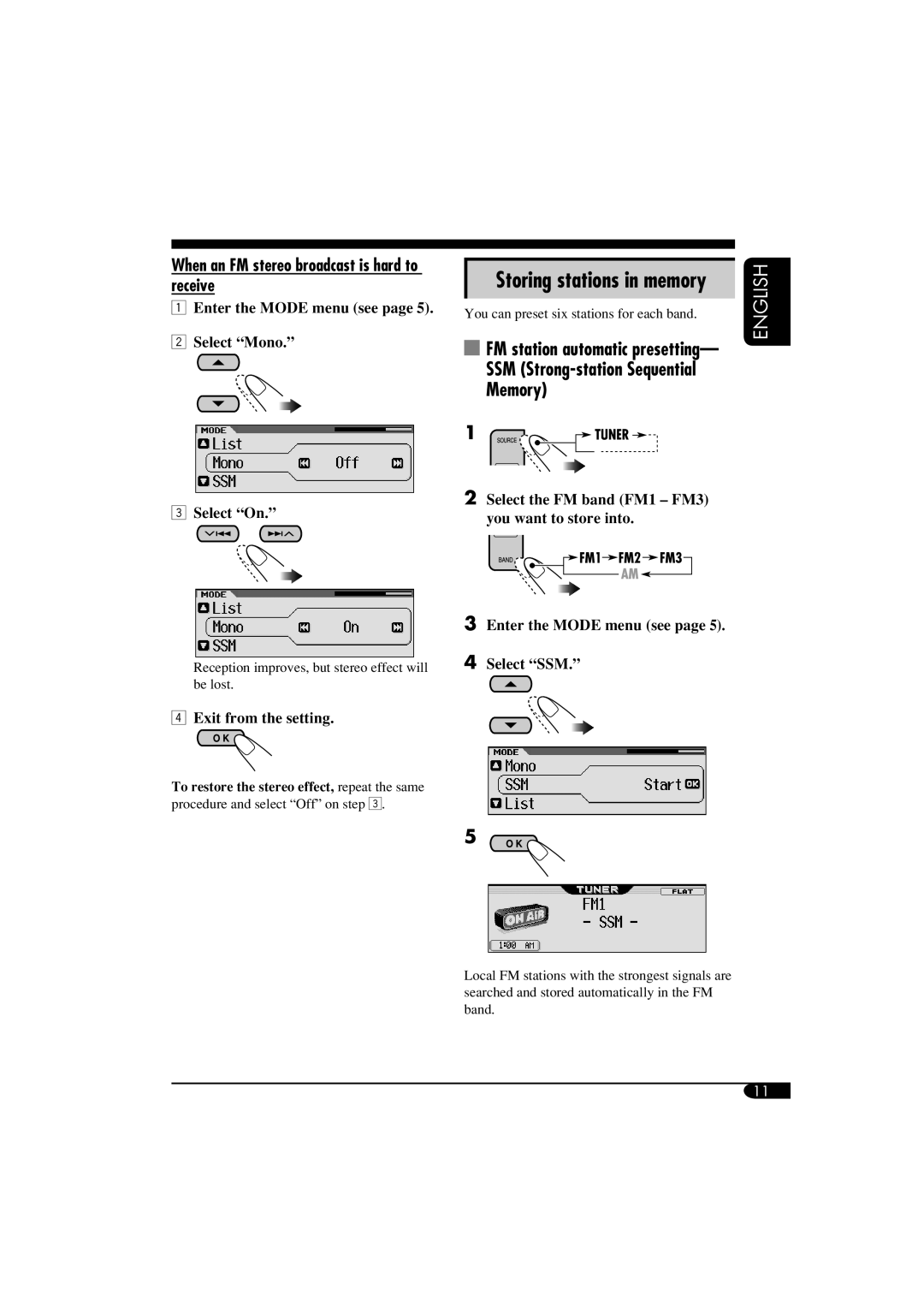 JVC KD-LH810, KD-AR860 manual When an FM stereo broadcast is hard to receive, Storing stations in memory 