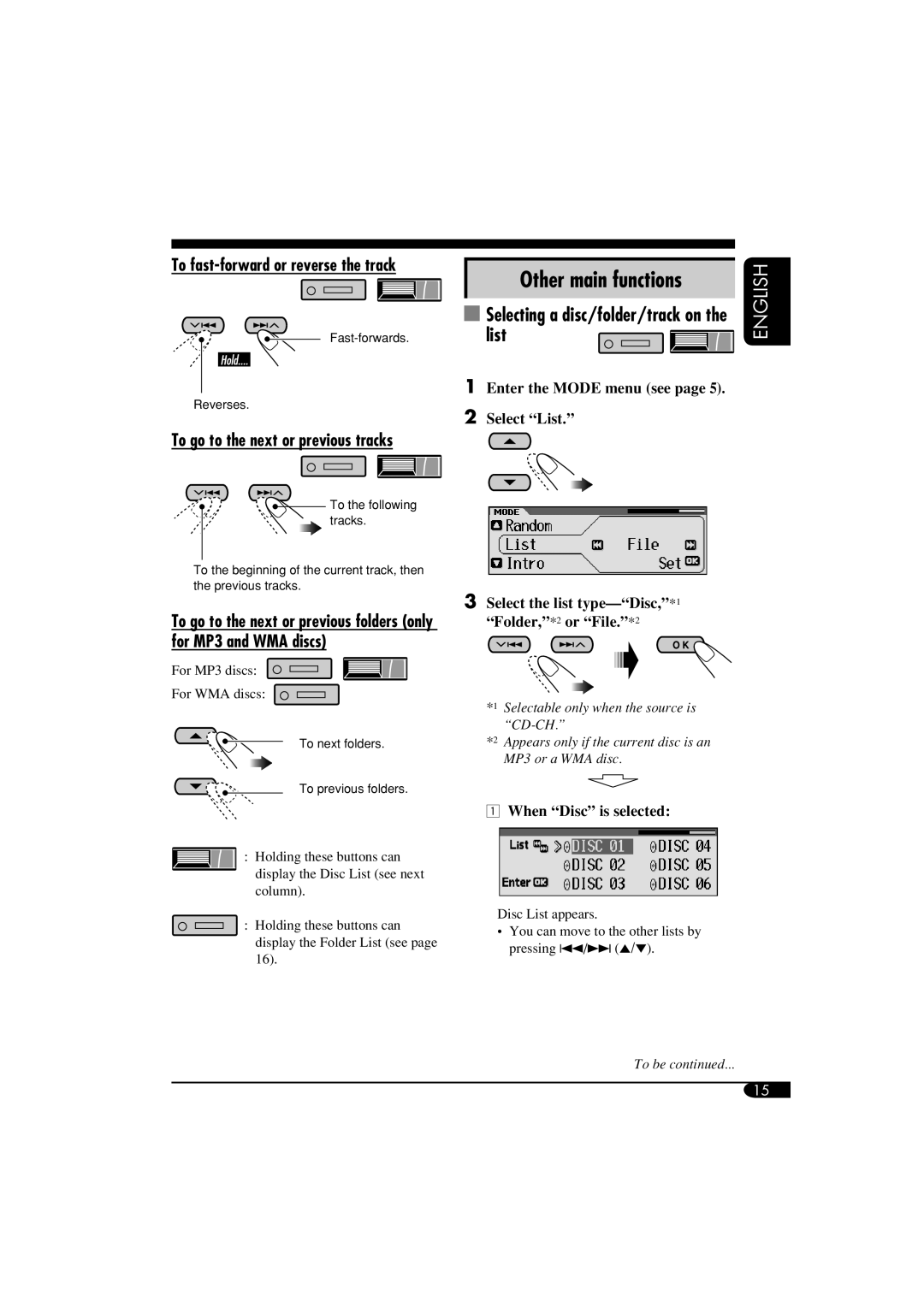 JVC KD-LH810, KD-AR860 manual Other main functions, When Disc is selected 