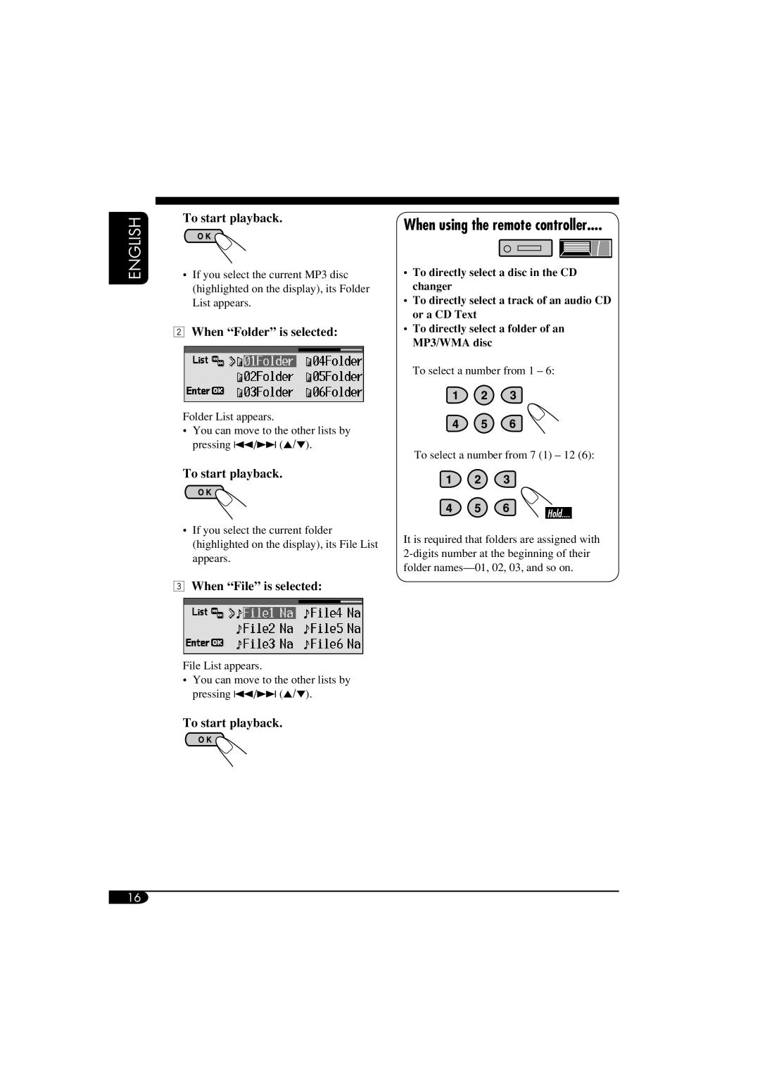 JVC KD-AR860, KD-LH810 When using the remote controller, To start playback, When Folder is selected, When File is selected 