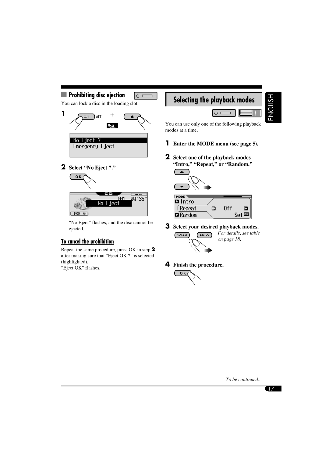 JVC KD-LH810 manual Prohibiting disc ejection, Selecting the playback modes, To cancel the prohibition, Select No Eject ? 