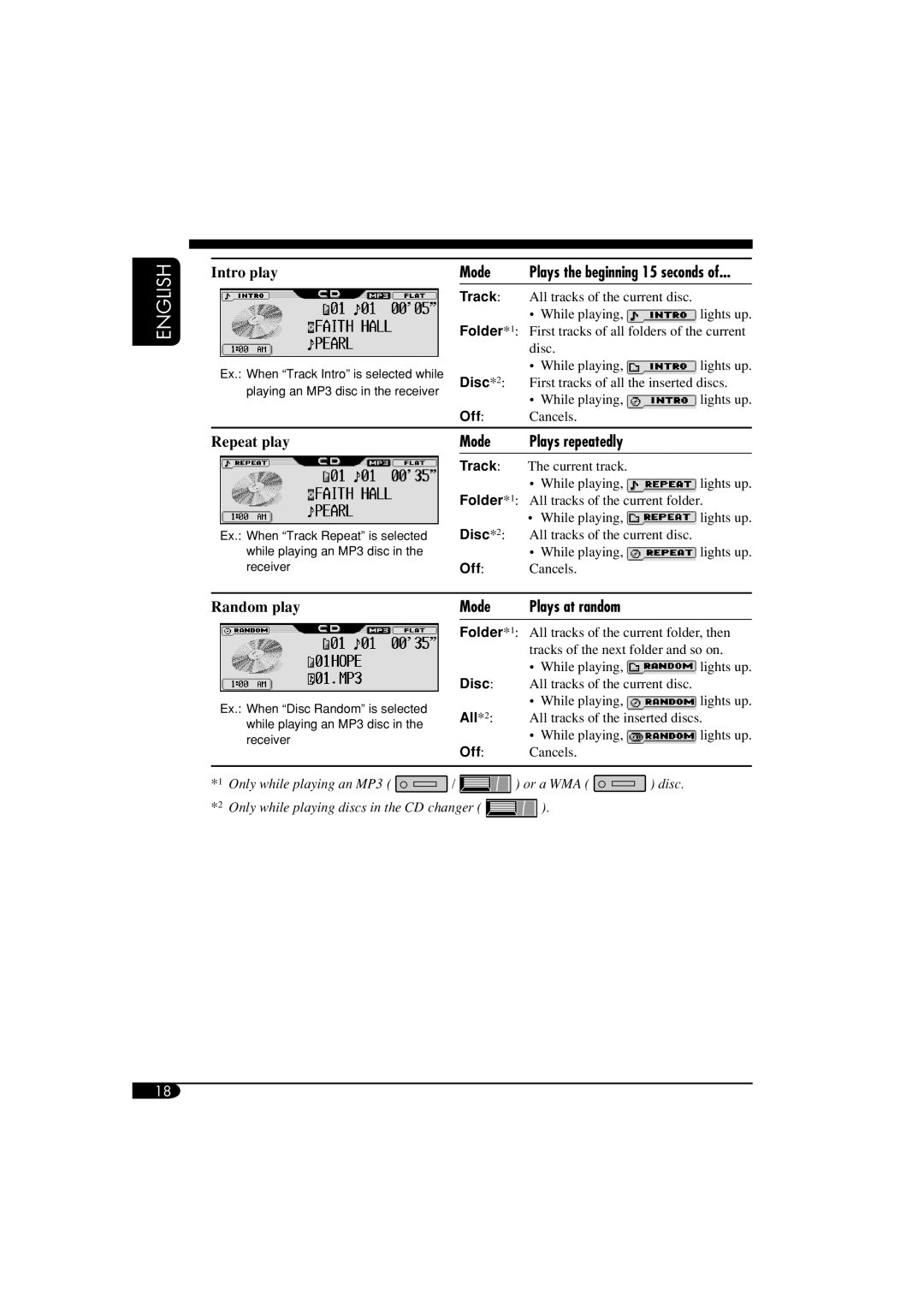 JVC KD-AR860, KD-LH810 manual Intro play, Repeat play, Mode Plays repeatedly, Random play 