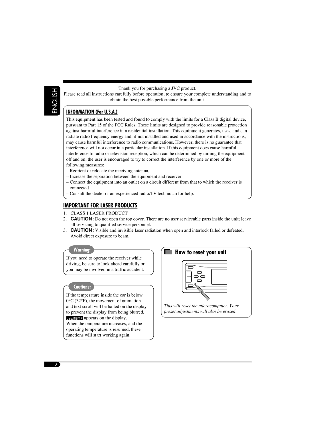 JVC KD-AR860, KD-LH810 manual English, Information For U.S.A 