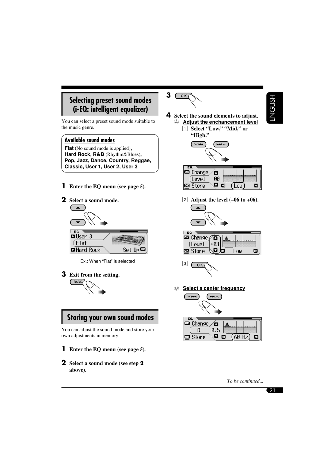 JVC KD-LH810 Storing your own sound modes, Available sound modes, Selecting preset sound modes i-EQ intelligent equalizer 