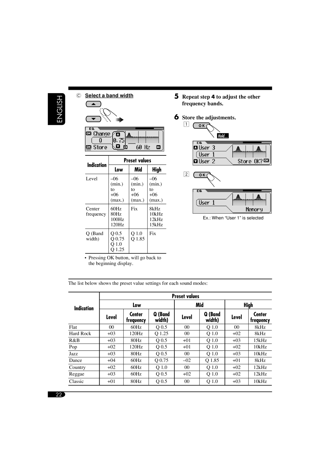 JVC KD-AR860, KD-LH810 manual Preset values, Low Mid High, Level, Select a band width 