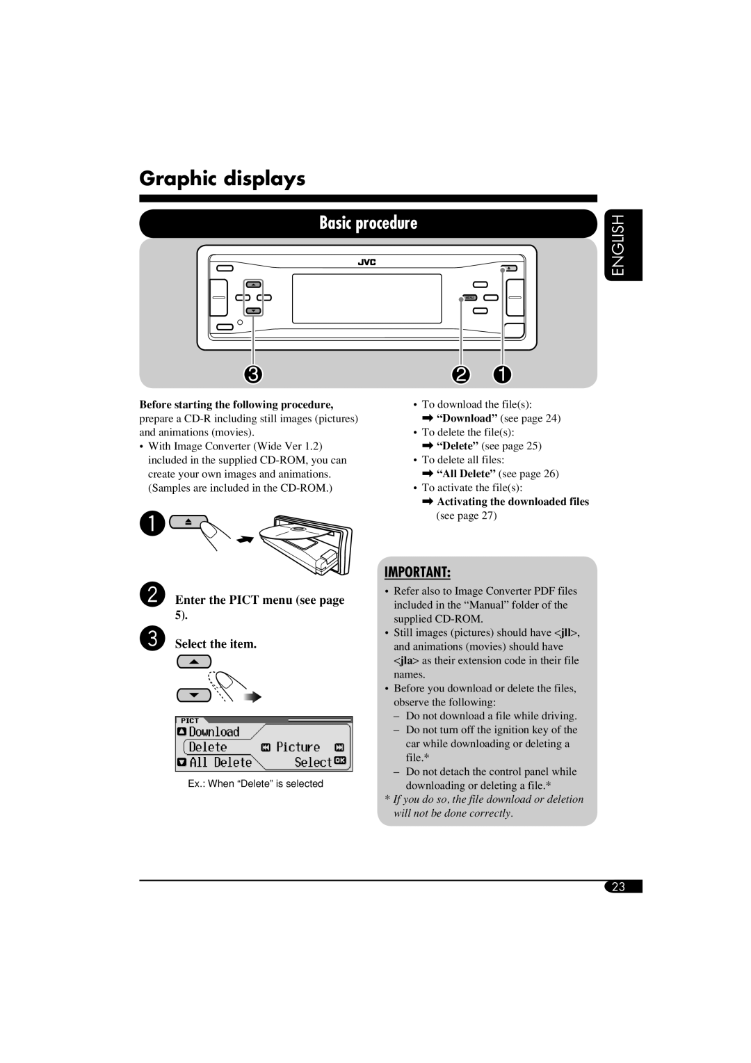 JVC KD-LH810, KD-AR860 manual Graphic displays, Basic procedure, Enter the Pict menu see Select the item 